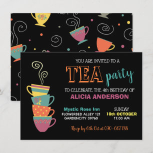Invitation Tea Party Fille's Birthday tasses colorées