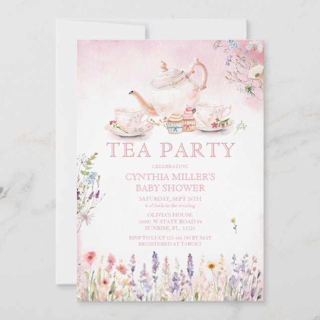 Invitation Tea Party fleur sauvage Baby shower rose Floral (Devant)