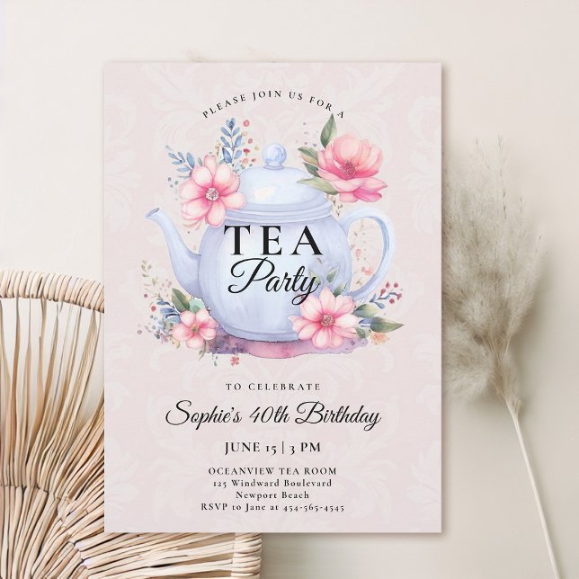 Invitation Tea Party Floral Teapot Damask Rose 40e anniversai (40th birthday invitation tea party floral teapot wildflowers watercolor elegant modern chic)