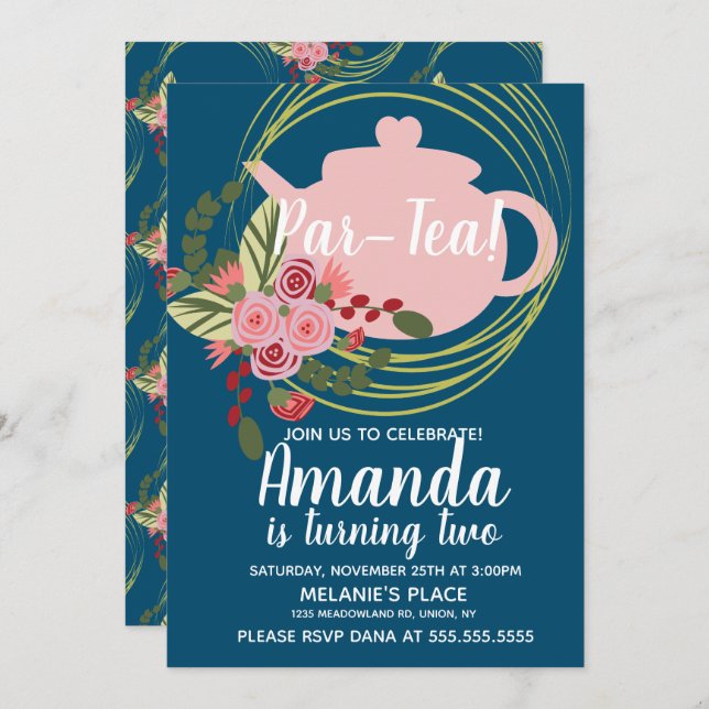 Invitation Tea Party Floral Wreath Whimisical rose rouge bleu (Devant / Derrière)