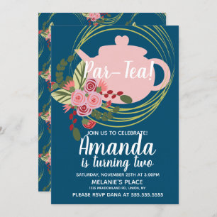 Invitation Tea Party Floral Wreath Whimisical rose rouge bleu