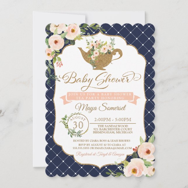 Invitation Tea Party Luxury Blush et Navy Floral Baby shower (Devant)