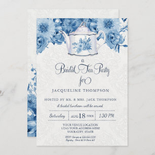 Invitation Tea Party Navy Blue White Floral Teapot Art