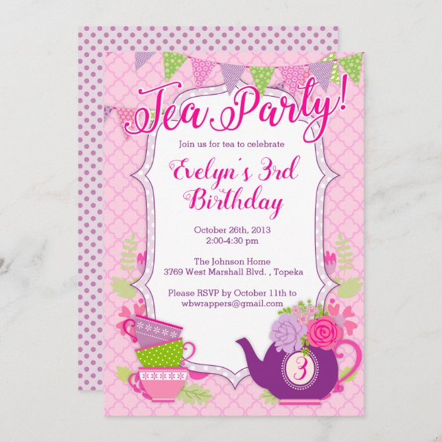 Invitation Tea Party ou Tea Party Invitation pour  (Devant / Derrière)