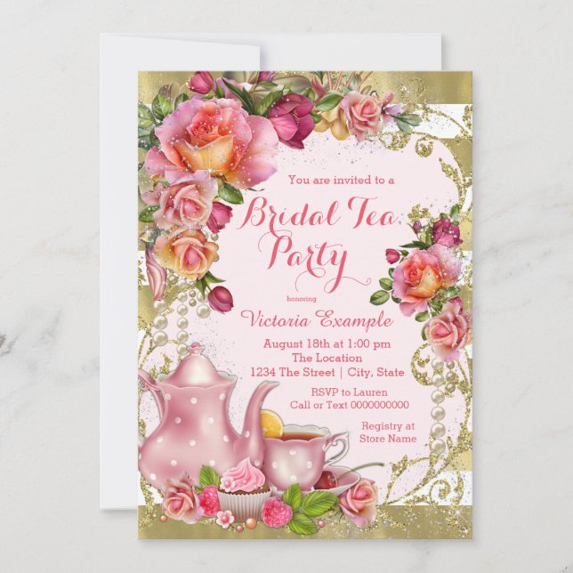 Invitation Tea Party Parties scintillant rose et or (Devant)