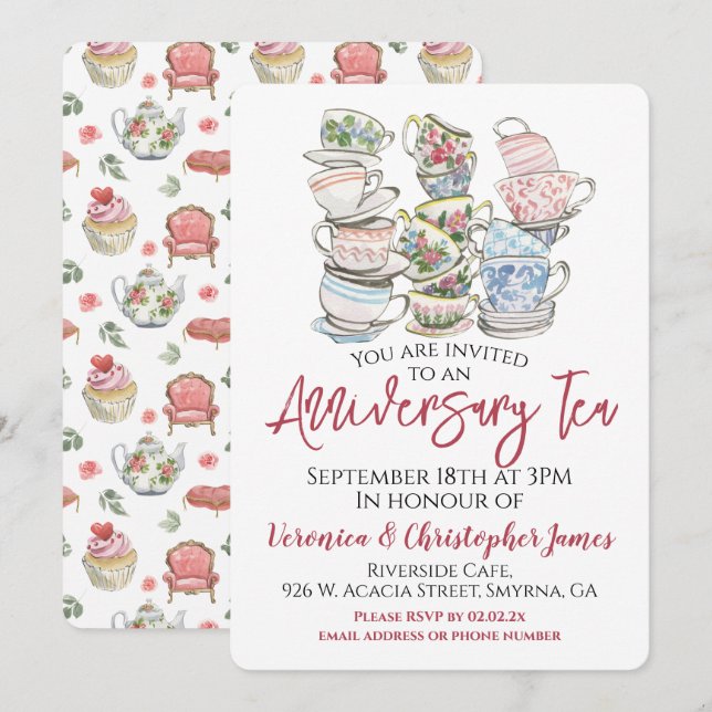 Invitation Tea Party pour l'anniversaire du mariage (Devant / Derrière)