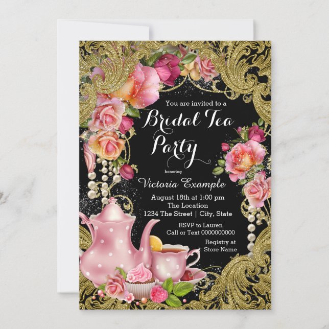 Invitation Tea Party Rose de Parties scintillant noir et or (Devant)