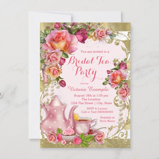 Invitation Tea Party rose et or (Devant)