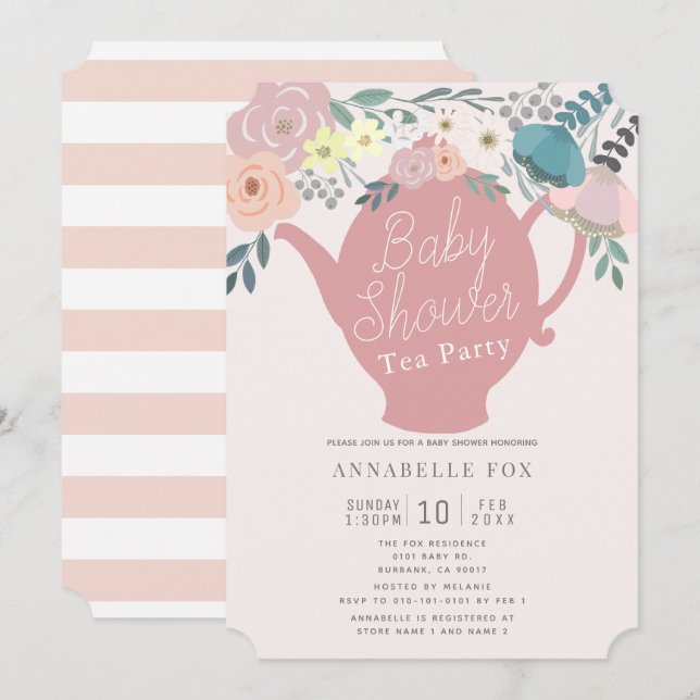 Invitation Tea Party rose Floral Teapot Baby shower (Devant / Derrière)