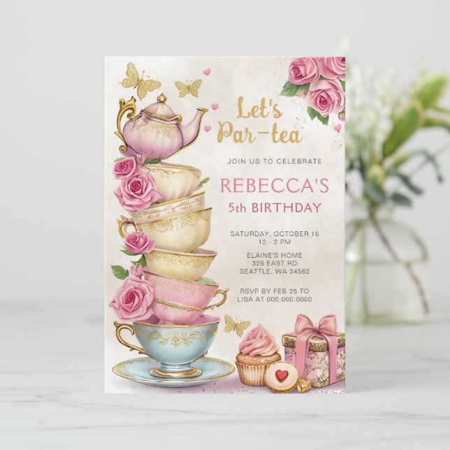 Invitation Tea Party rose or fille Anniversaire (Debout devant)