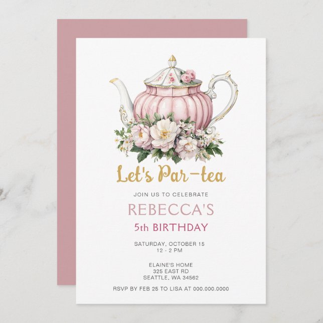 Invitation Tea Party rose or fille Anniversaire (Devant / Derrière)