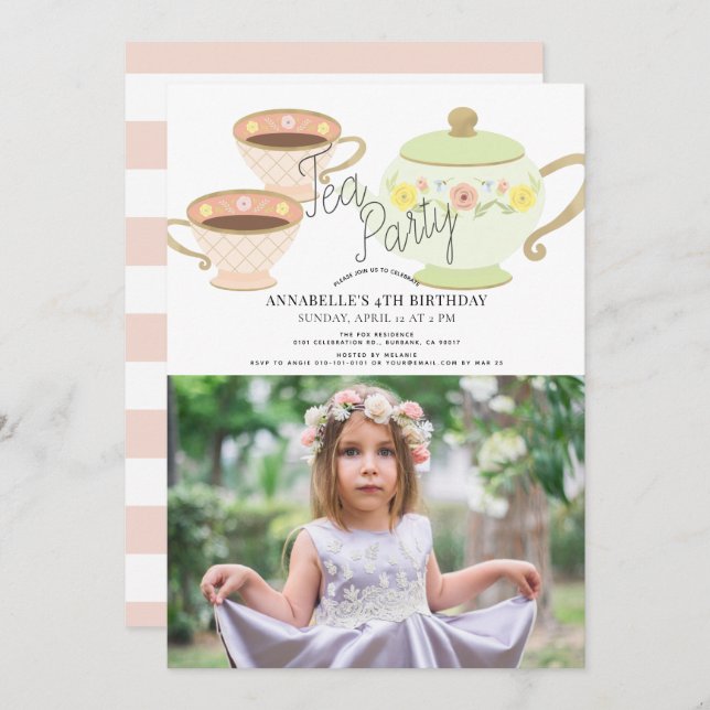 Invitation Tea Party Tea Pot & Tasses Fille Anniversaire Phot (Devant / Derrière)