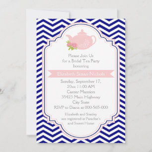 Invitation Tea party théière, chevron rose marine nuptiale do