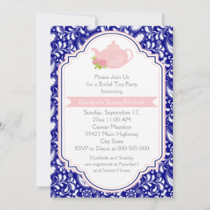Invitation Tea party théière, paisley marine rose nuptiale do
