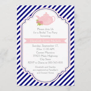 Invitation Tea party théière, raypes rose marine nuptiale dou