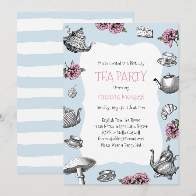 Invitation Tea Party vintage Anniversaire Bébé Bleu rayures (Devant / Derrière)