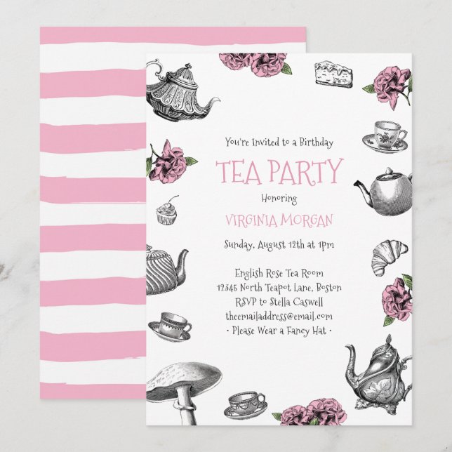 Invitation Tea Party vintage Anniversaire rose (Devant / Derrière)