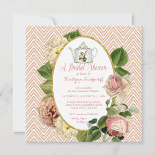 Invitation Tea Party Vintage Floral Rose Fête des mariées or