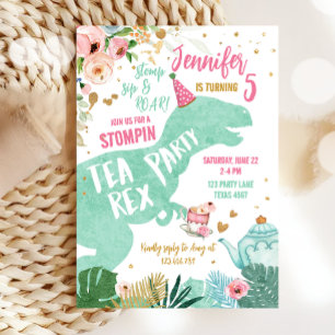 Invitation Tea Rex Dinosaur Par-Tea Pink Mint Or Anniversaire