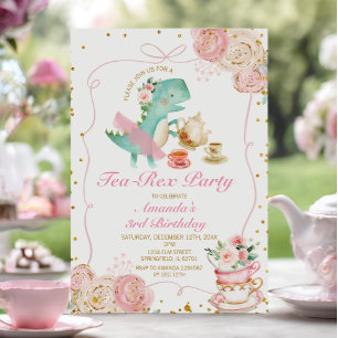 Invitation Tea-Rex Tutu Party Dinosaur fille rose 3e annivers