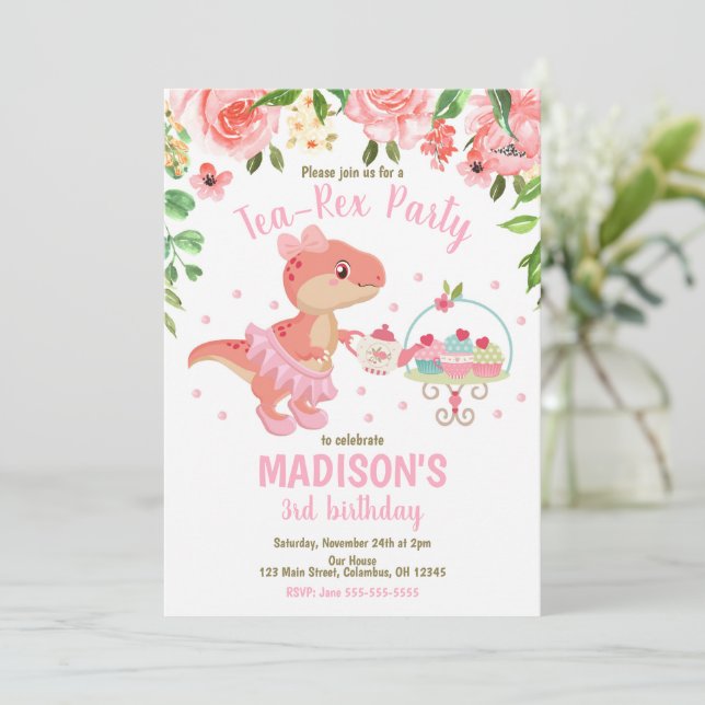 Invitation Tea-Rex Tutu Party Dinosaur Girl Pink 3rd Birthday (Debout devant)