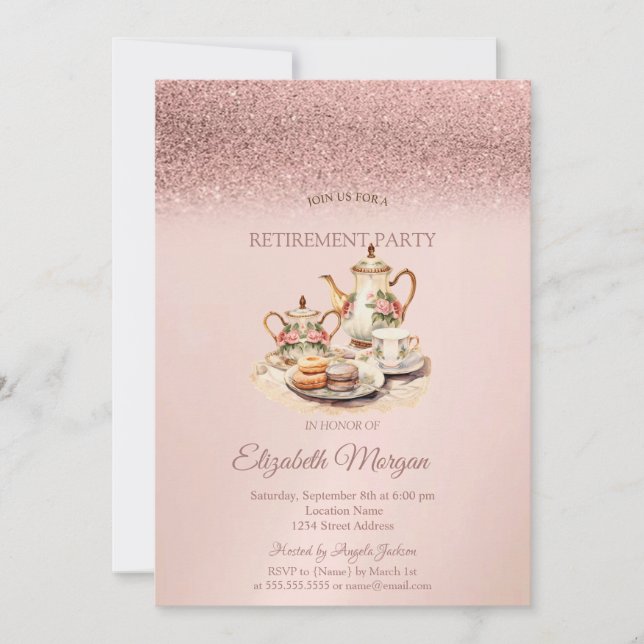 Invitation Tea Service Rose Gold Glitter Retirement  (Devant)