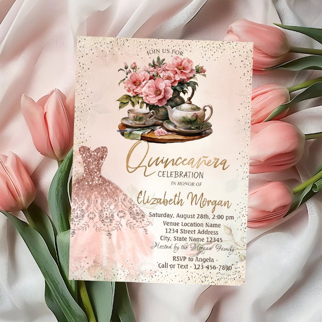 Invitation Tea Set Rose Gold Robe Confetti Quinceañera (Créateur téléchargé)