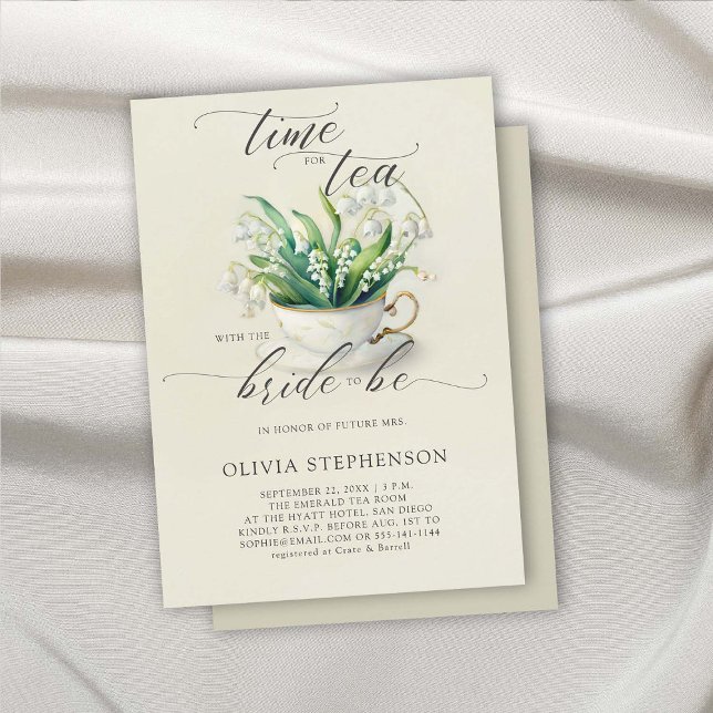 Invitation Tea Time Lily of Valley Calligraphie Fête des mari (bridal tea shower invitation lily of the valley floral flowers modern calligraphy elegant romantic )
