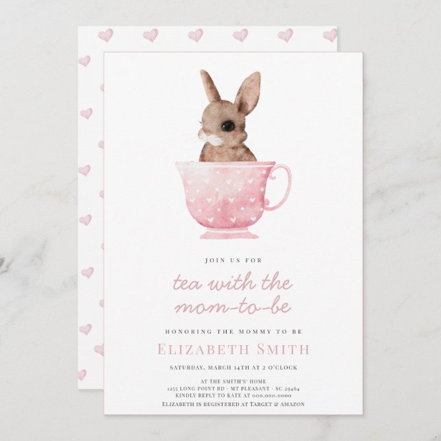 Invitation Tea Time Party Cute Bunny Baby shower fille rose (Devant / Derrière)
