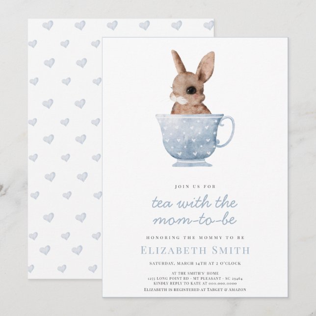 Invitation Tea Time Party Cute Bunny Blue Boy Baby shower (Devant / Derrière)