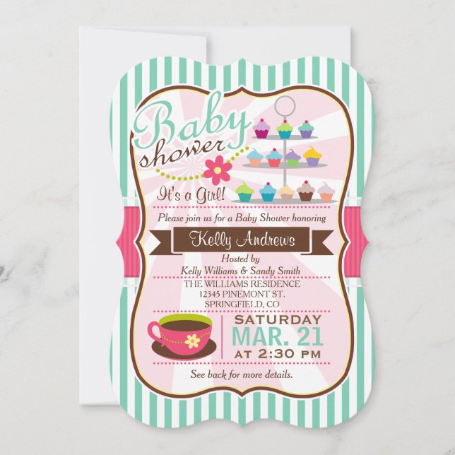 Invitation Tea vert, Brown et rose, Baby shower de cupcake (Devant)