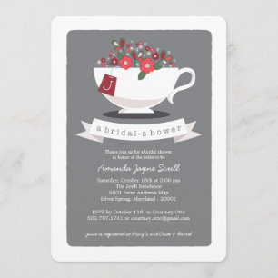 Invitation Teacup Coral Floral Monogramme Fête de l'mariée