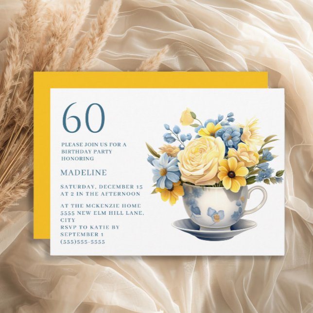 Invitation Teacup Fleurs bleu jaune 60e anniversaire (Blue teacup and yellow flowers 60th birthday party invitation)