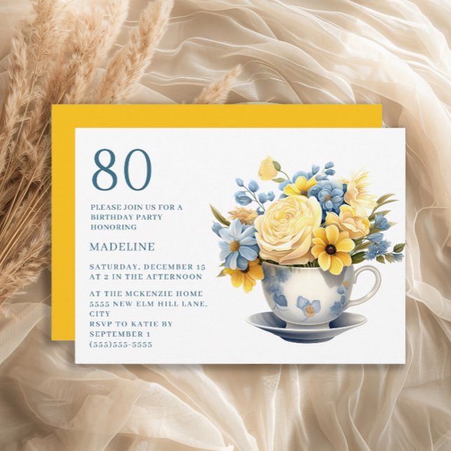 Invitation Teacup Fleurs bleu jaune 80e anniversaire (Blue teacup and yellow flowers 80th birthday invitation)