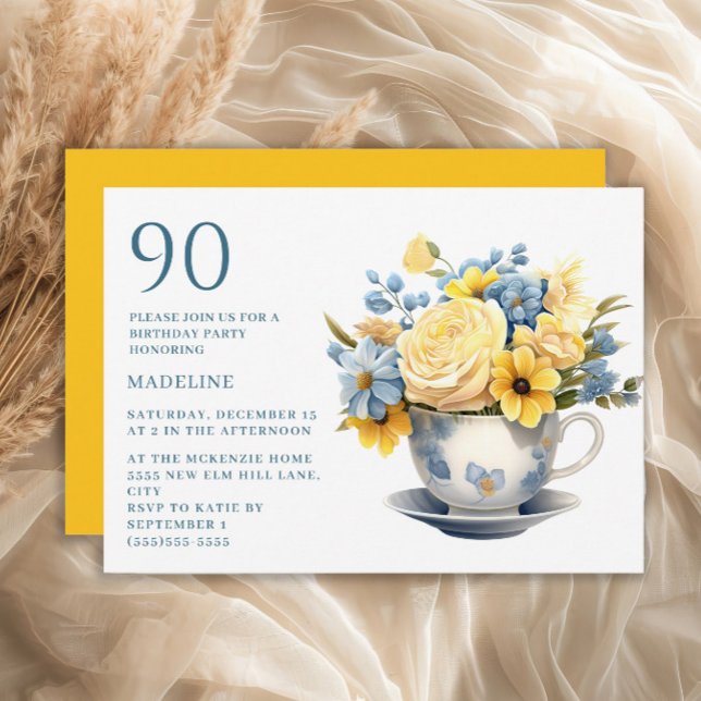 Invitation Teacup Fleurs bleu jaune 90e anniversaire (Blue teacup and yellow flowers 90th birthday party invitation)