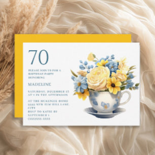 Invitation Teacup Fleurs Bleues Jaunes 70e anniversaire