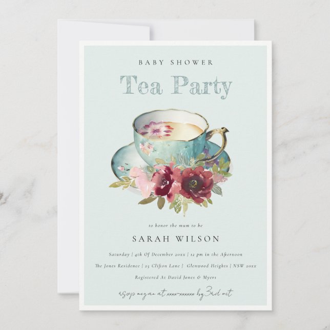 Invitation Teacup turquoise Gold Floral Teacup Baby shower Te (Devant)