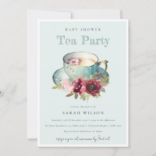 Invitation Teacup turquoise Gold Floral Teacup Baby shower Te