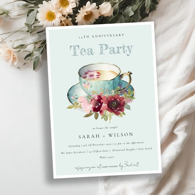 Invitation Teacup turquoise or floral Chaque année fête anniv (Créateur téléchargé)