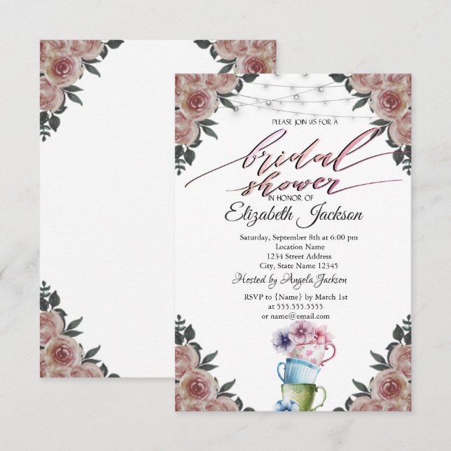 Invitation Teacups Fleurs Chaîne Lumières Fête des mariées (Devant / Derrière)