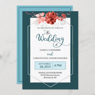 Invitation Teal 2019 et mariage géométrique floral de corail