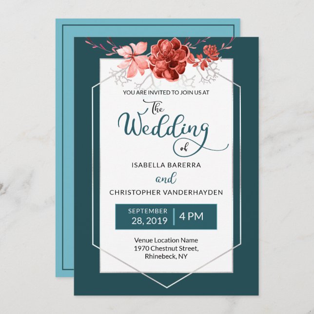 Invitation Teal 2019 et mariage géométrique floral de corail (Devant / Derrière)
