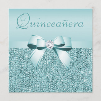 Invitation Teal a imprimé les paillettes et l'arc Quinceanera