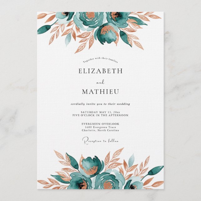 Invitation Teal Abstract Floral Romance Wedding (Devant)