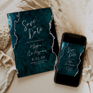 Invitation Teal Agate Argent Script Mariage Save the Date