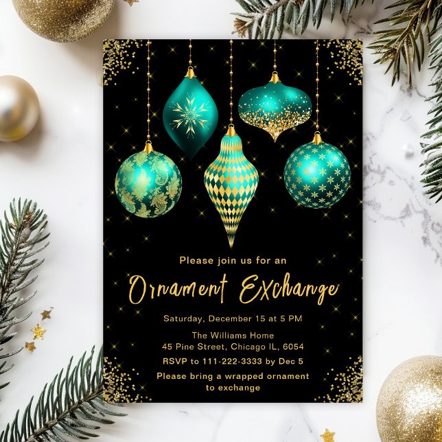 Invitation Teal and Gold Ornament Exchange Party (Créateur téléchargé)
