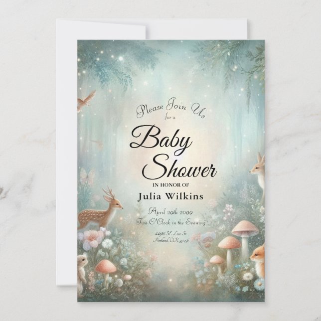 Invitation Teal and Peach Enchanted Forest Baby Shower (Devant)