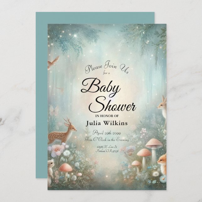 Invitation Teal and Peach Enchanted Forest Baby Shower (Devant / Derrière)