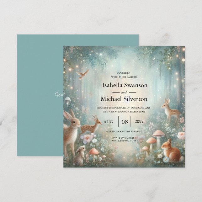 Invitation Teal and Peach Enchanted Forest Wedding (Devant / Derrière)