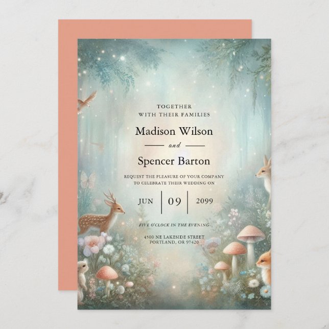 Invitation Teal and Peach Enchanted Forest Wedding (Devant / Derrière)